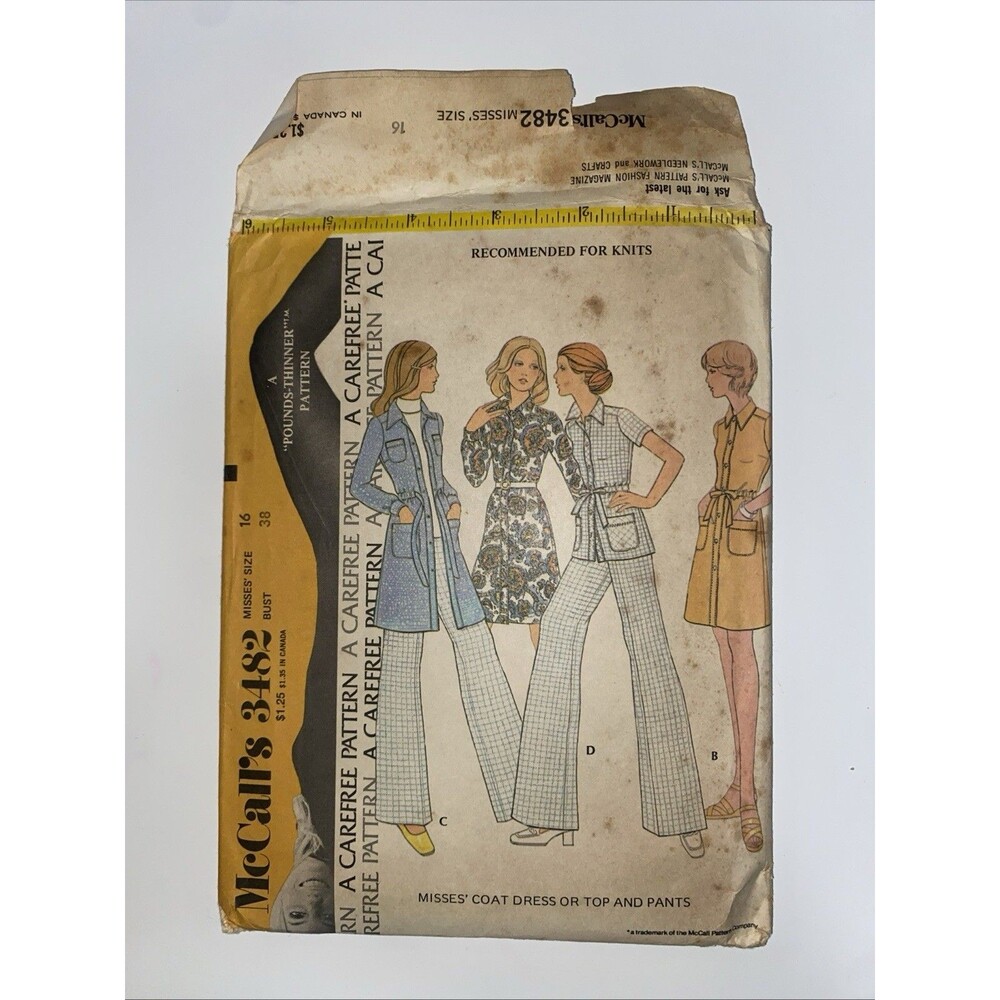 1970's Vintage UNCUT McCall's Misses' Coat Dress,Top,Pants Pattern 3482 Size 16